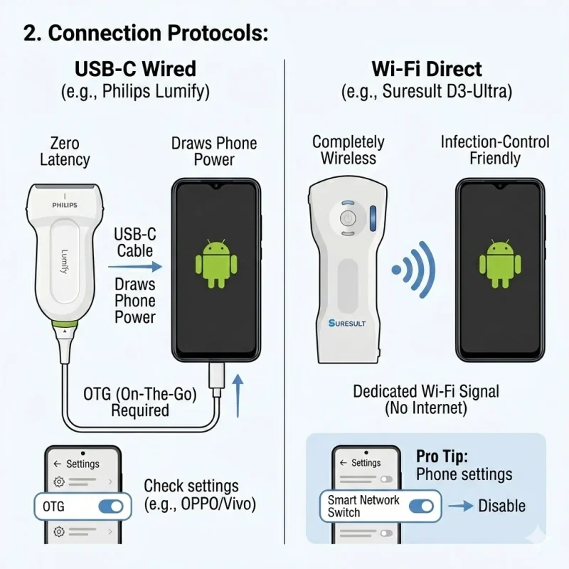 handheld echografie naar android-telefoon verbindingsprotocollen usb c otg vs wi fi direct