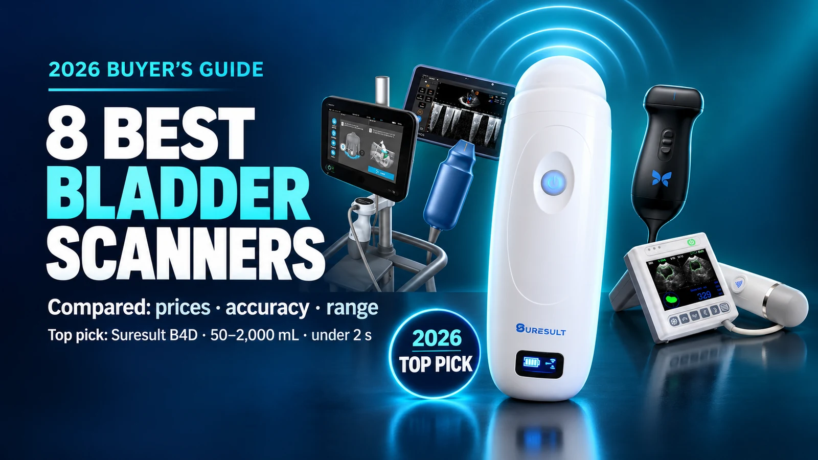 8 best bladder scanners 2026 compared: the Suresult B4D top pick in front of the Verathon BladderScan i10, EchoNous Kosmos, Butterfly iQ3 and BladGo 2.0
