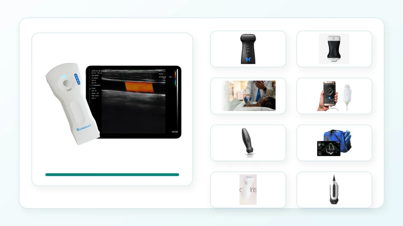 Best handheld ultrasound for clinics real brand comparison cover with Suresult D3Ultra, Butterfly iQ3, Clarius HD3, Vscan Air, Lumify, Mindray TE Air, Kosmos, Exo Iris and SonoEye