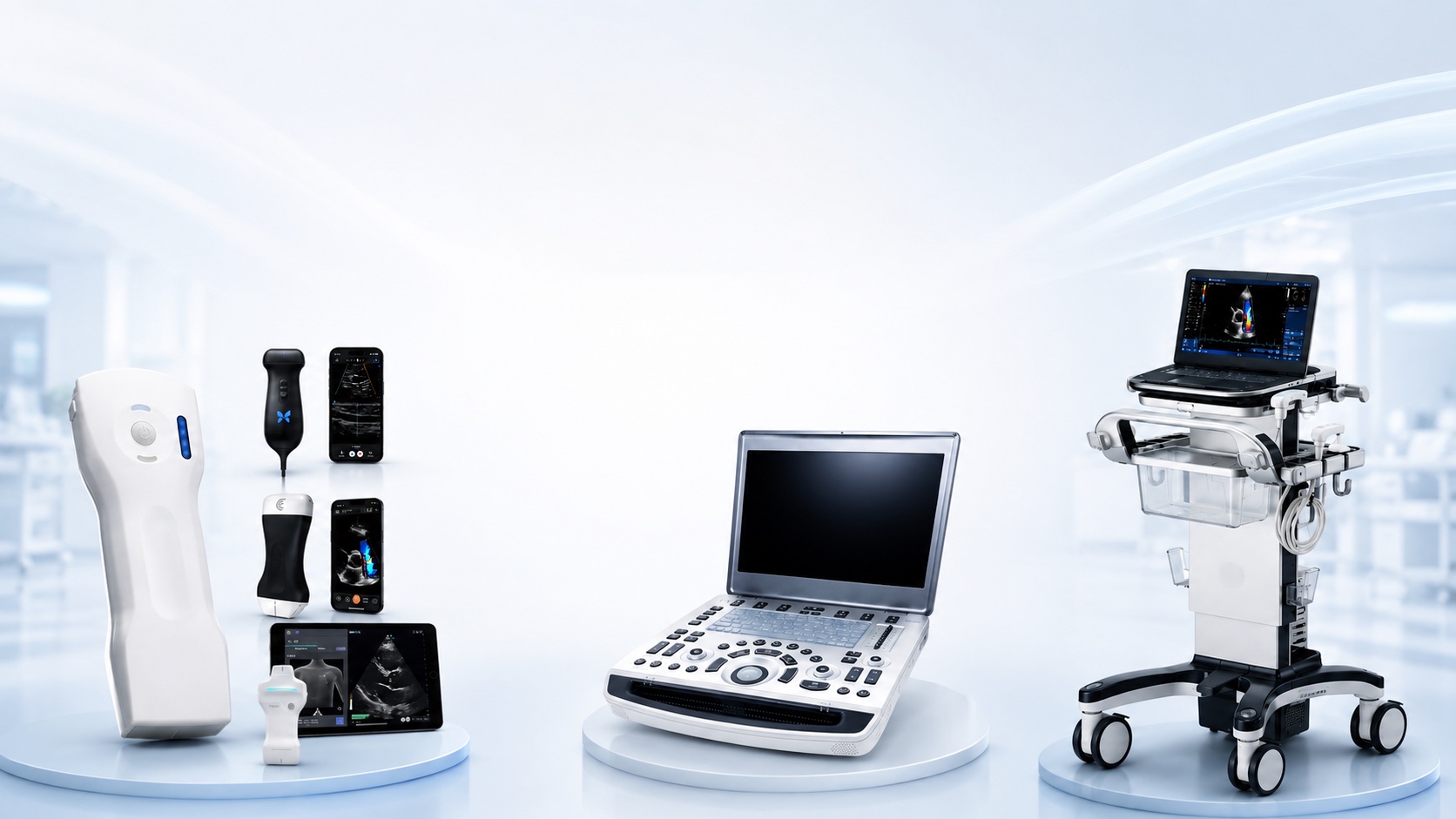 Handheld, laptop and cart-based portable ultrasound devices shown side by side