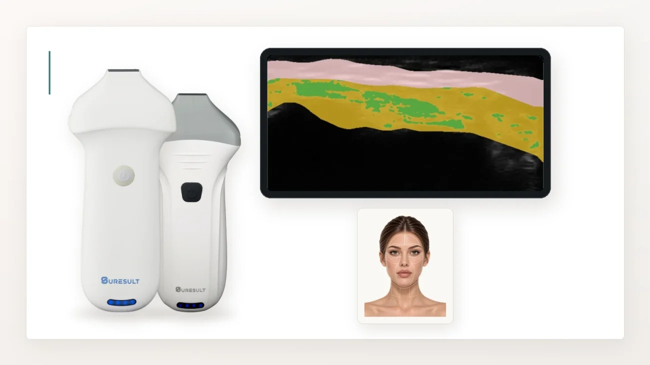 Kabellose Suresult L24 und L24Pro Linearsonden neben einem FaceAtlas AI-Frame mit Haut-, Fett- und SMAS-Schichten sowie der 21-Punkte-Gesichtskarte