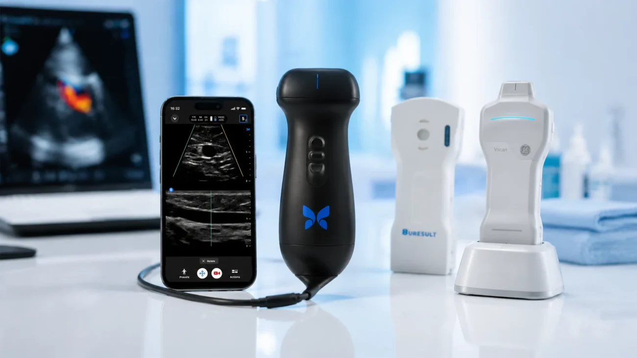 Butterfly iQ3 review cover showing Butterfly iQ3 with handheld ultrasound alternatives on a clinical desk