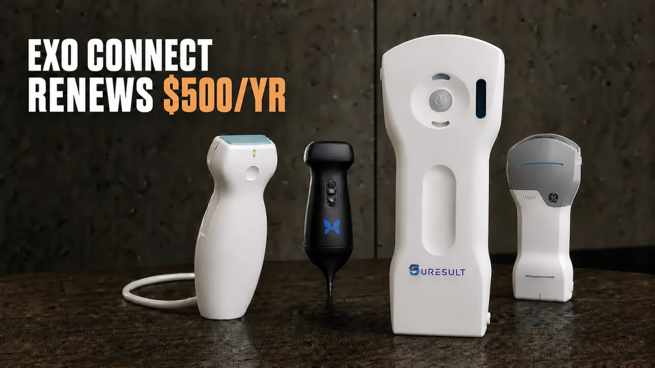 Suresult D3Ultra with Exo Iris, Butterfly iQ3 and GE Vscan Air CL on a dark comparison table