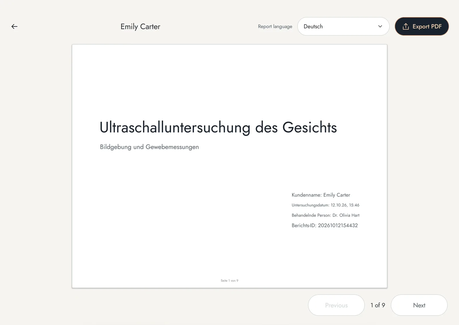 Duitse rapportomslag met de taalkiezer Deutsch en de knop PDF exporteren