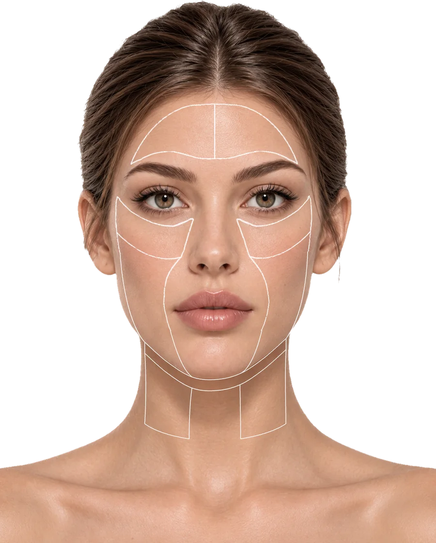 이마부터 턱선까지 각 스캔 부위가 표시된 FaceAtlas AI 21개 안면 포인트 맵
