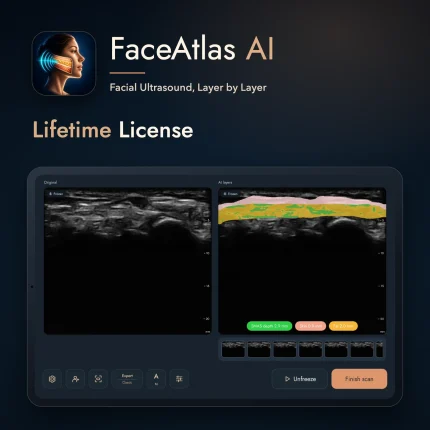 FaceAtlas AI 평생 라이선스: AI가 매핑한 피부, 지방 및 SMAS 층을 태블릿에 표시하는 안면 초음파 앱