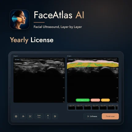 FaceAtlas AI 연간 라이선스: AI가 매핑한 피부, 지방 및 SMAS 층을 표시하는 태블릿의 안면 초음파 앱