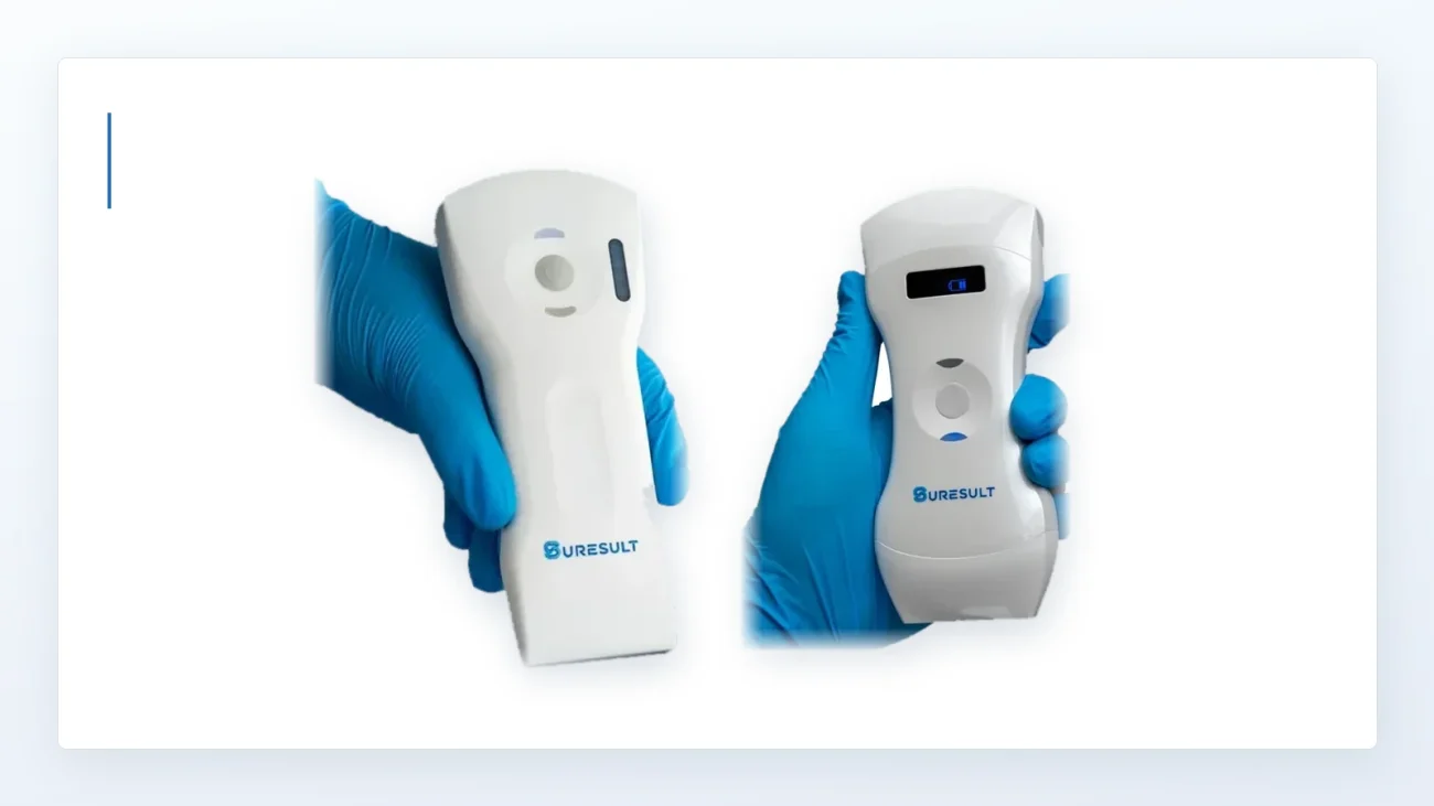 Suresult D3Ultra and D3Pro handheld ultrasound probes held in gloved hands on a white studio panel