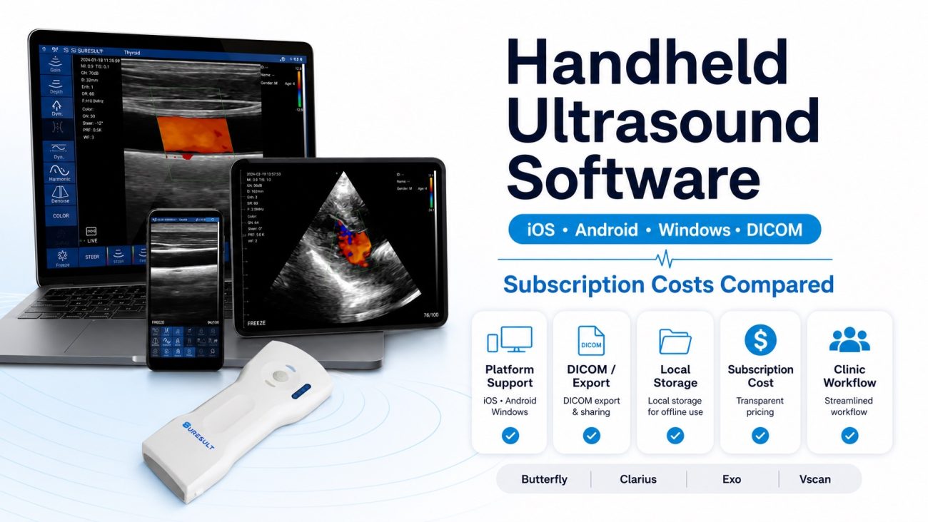 iOS, Android, Windows에서 Suresult 소프트웨어를 활용하고 D3Ultra를 통한 DICOM 내보내기 워크플로우를 보여주는 휴대용 초음파 소프트웨어 구매 가이드 표지