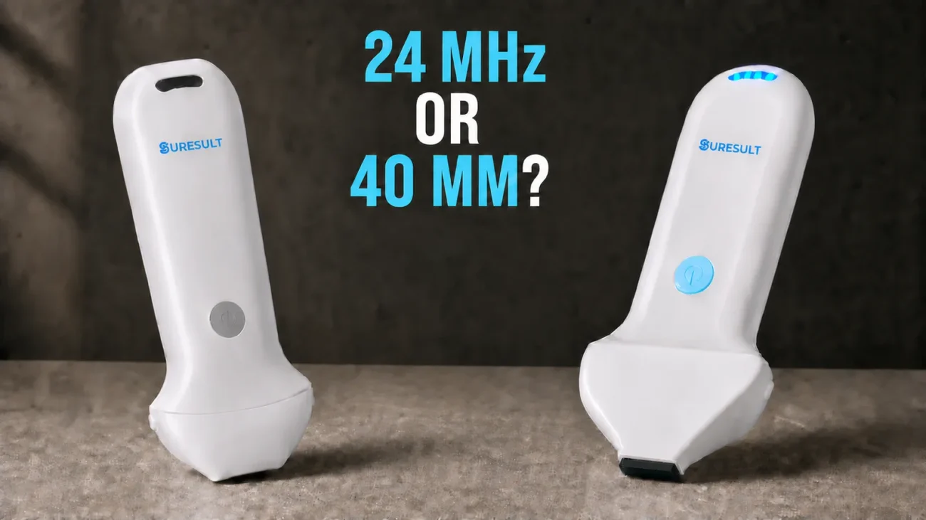 Suresult L20 and L24 handheld ultrasound probes on a stone table