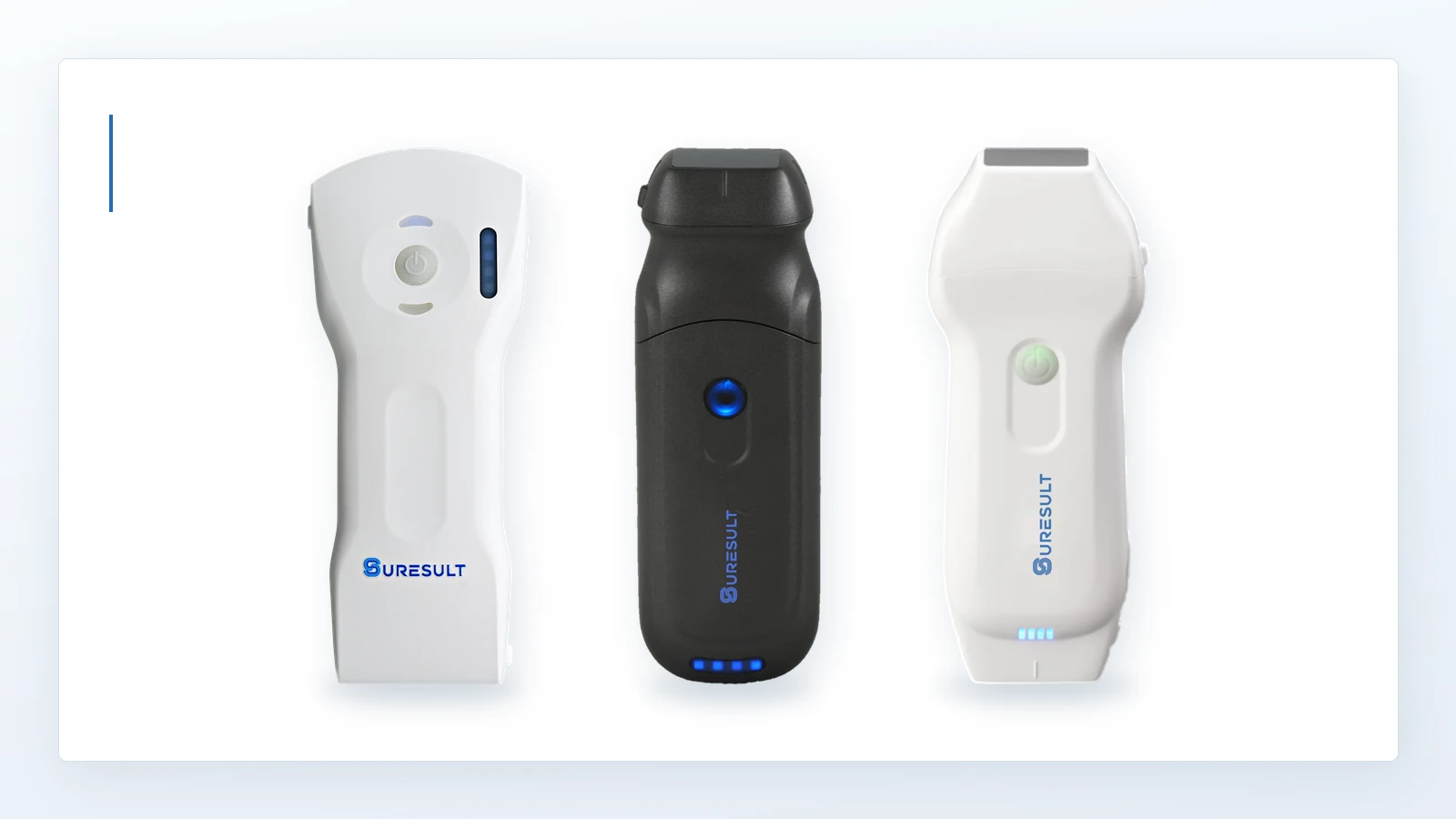 Suresult D3Ultra, PD2 and CD2 handheld ultrasound probes standing side by side on a white panel