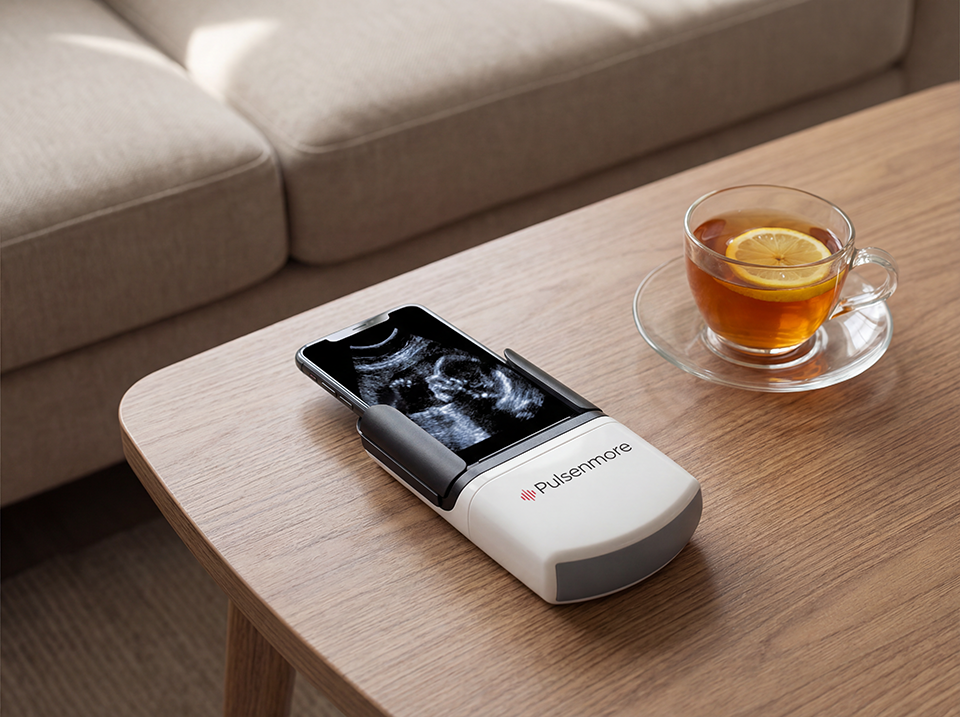 Pulsenmore ES home prenatal ultrasound smartphone cradle on a coffee table