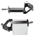 Reusable stainless-steel biopsy needle guide for a linear wireless ultrasound probe, shown with its mounting bracket