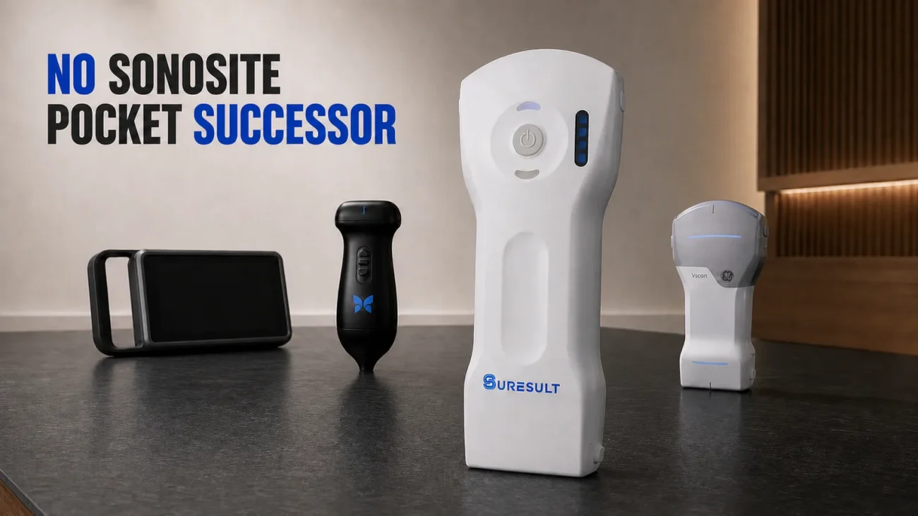 Suresult D3Ultra beside a retired Sonosite iViz, Butterfly iQ3 and GE Vscan Air CL