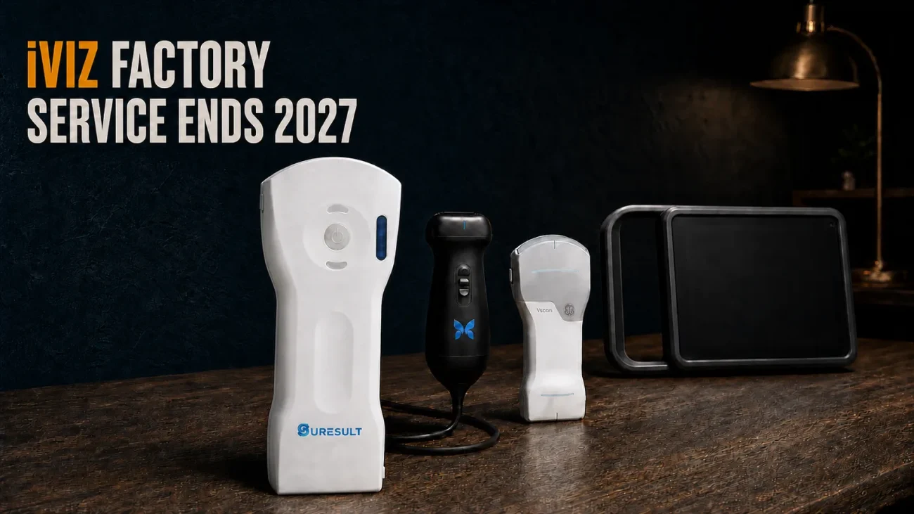 Suresult D3Ultra, Sonosite iViz, Butterfly iQ3 and GE Vscan Air CL on an equipment review table