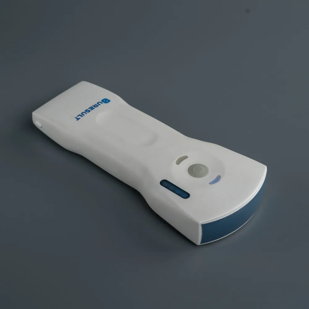 Suresult D3L three-probe handheld ultrasound scanner on a grey studio ground