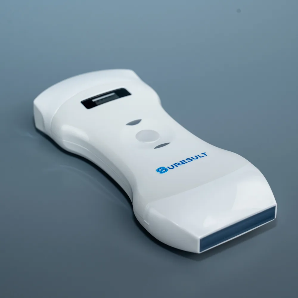 Suresult D3Pro dual-head handheld ultrasound probe on a grey studio ground