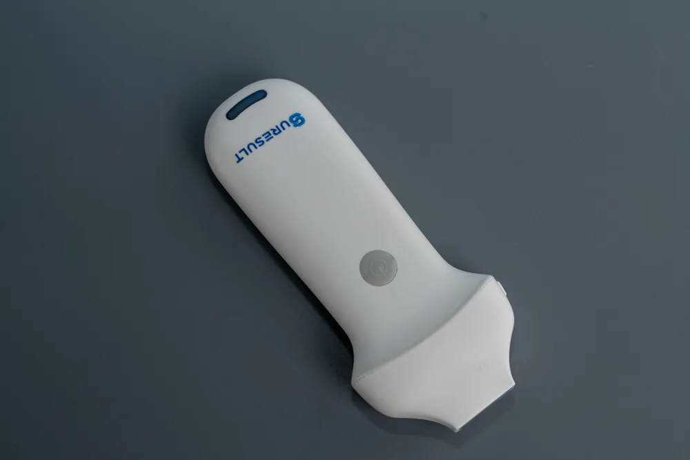 Suresult L20 high-frequency linear handheld ultrasound probe on a grey studio ground