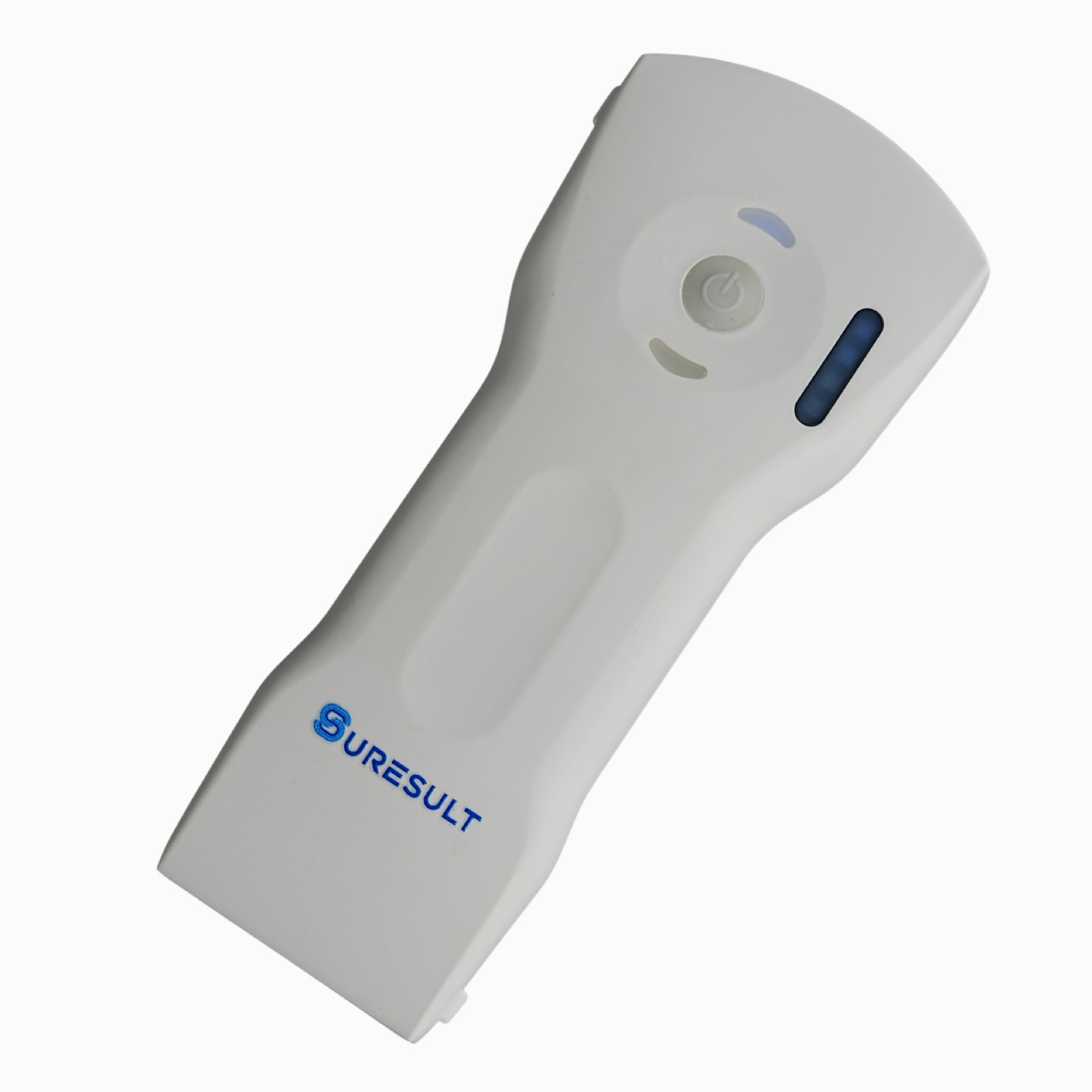 Suresult D3Ultra wireless handheld ultrasound kit: probe, charging case and tablet running the scanning app with no cable