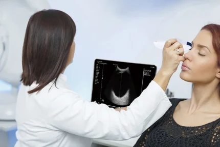 Clinician scanning an eye with the Suresult E11 micro-convex probe
