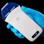 Suresult L14 linear ultrasound probe held in a gloved hand