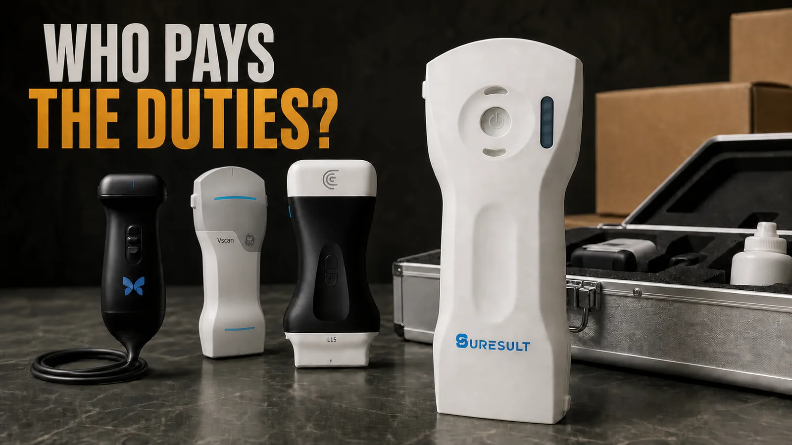 Suresult D3Ultra in an open case with Butterfly iQ3, GE Vscan Air CL and Clarius L15 HD3