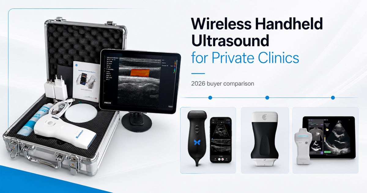 사설 클리닉용 Suresult D3Ultra와 경쟁사 휴대용 초음파 기기들을 함께 보여주는 무선 휴대용 초음파 구매 가이드 표지